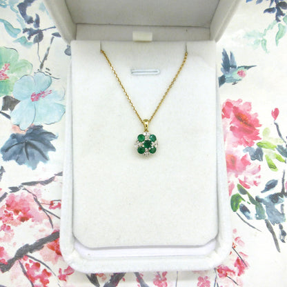 Vintage 9ct emerald and diamond cluster pendant & gold chain