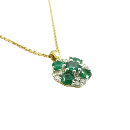 Vintage 9ct emerald and diamond cluster pendant & gold chain