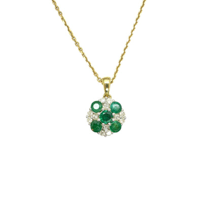 Vintage 9ct emerald and diamond cluster pendant & gold chain