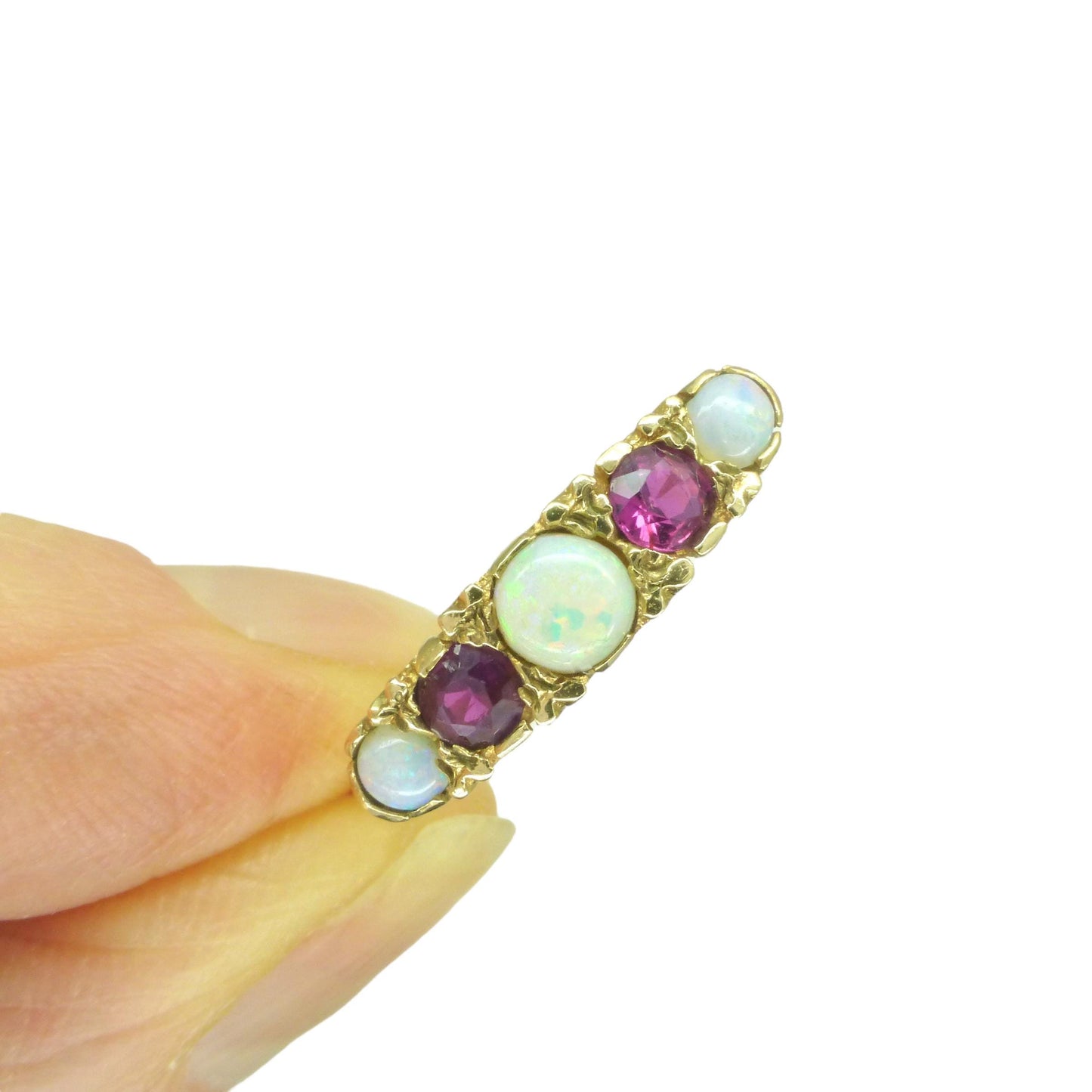 Vintage 9ct Opal and Ruby Victorian style five stone carved ring