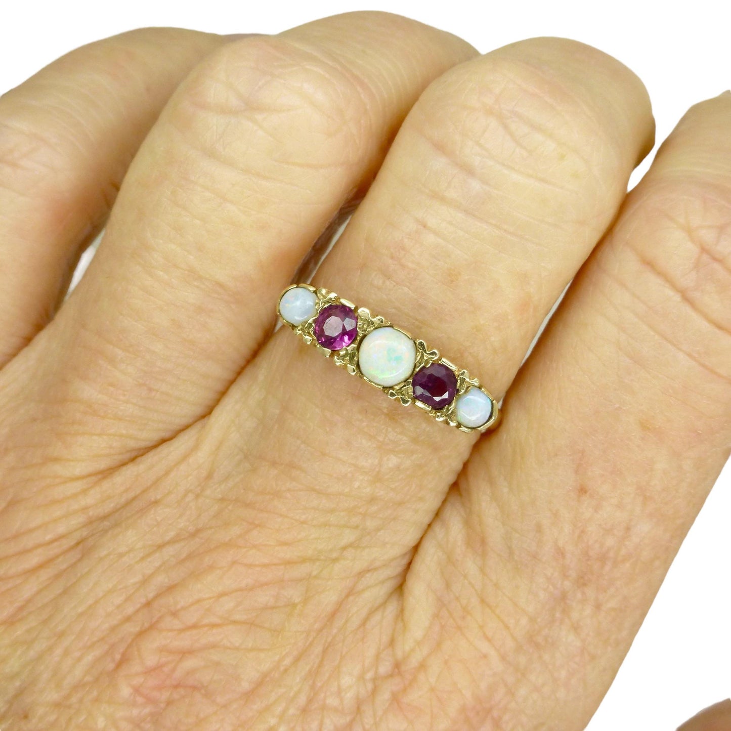 Vintage 9ct Opal and Ruby Victorian style five stone carved ring