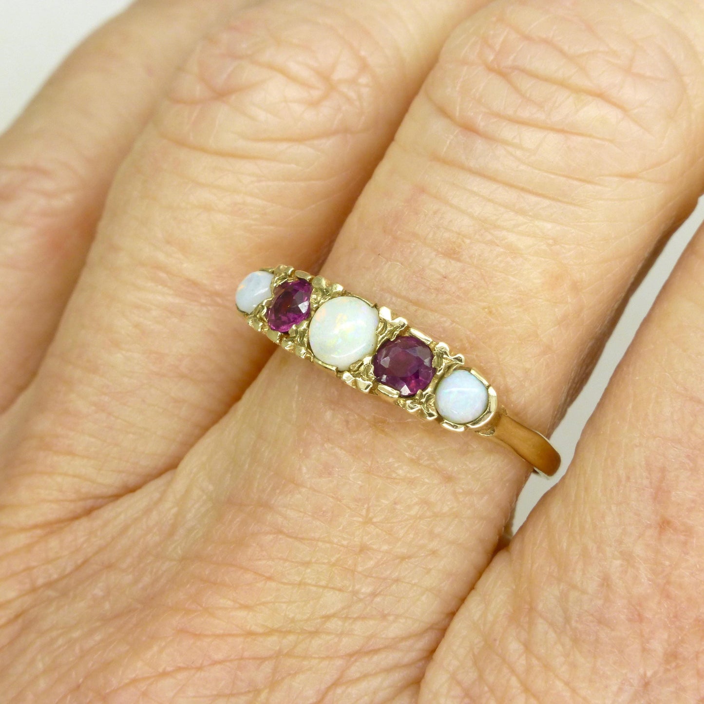 Vintage 9ct Opal and Ruby Victorian style five stone carved ring