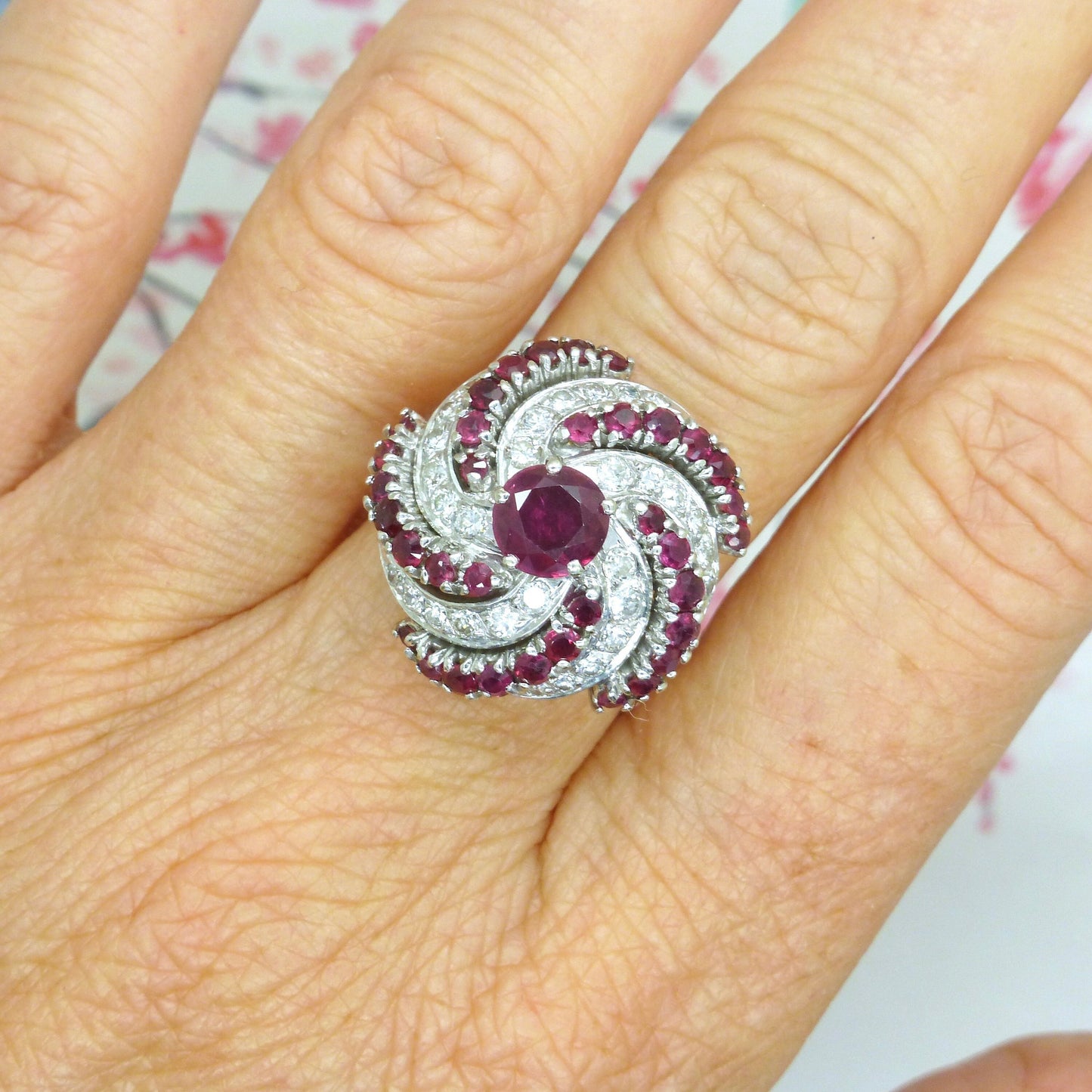 Stunning Vintage 18ct white gold ruby & diamond Bombé cluster ring - Independent valuation