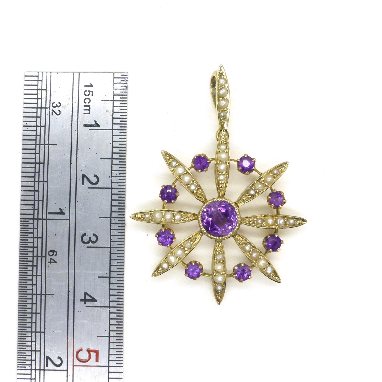 Antique Edwardian 9ct gold Amethyst and seed pearl pendant c1900's