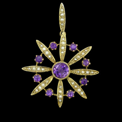 Antique Edwardian 9ct gold Amethyst and seed pearl pendant c1900's