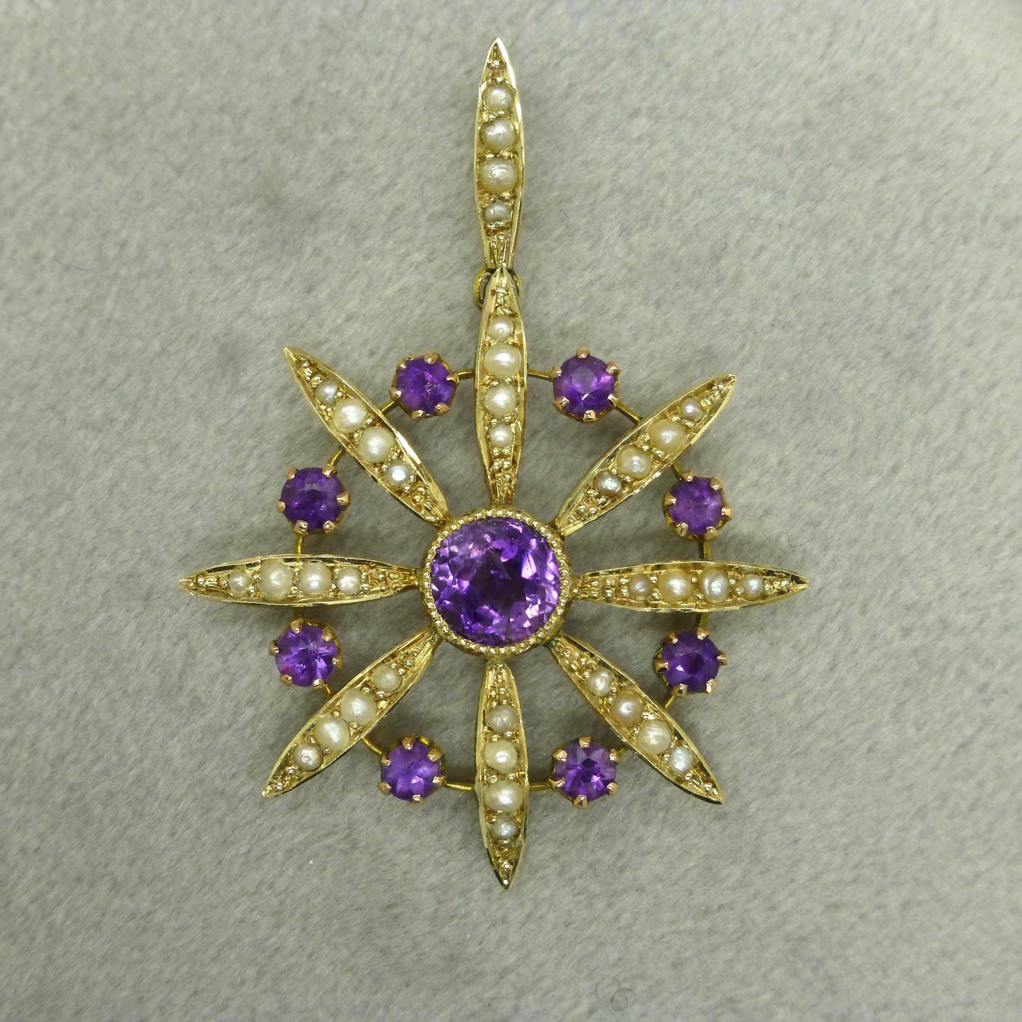 Antique Edwardian 9ct gold Amethyst and seed pearl pendant c1900's