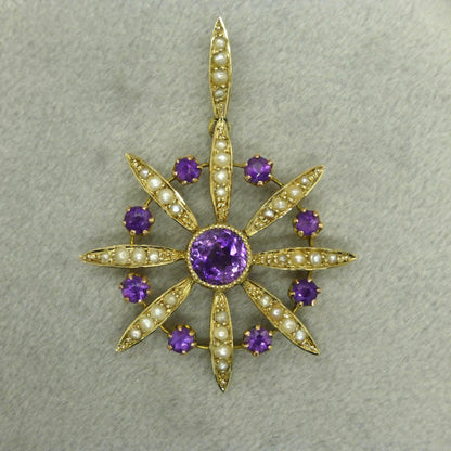 Antique Edwardian 9ct gold Amethyst and seed pearl pendant c1900's