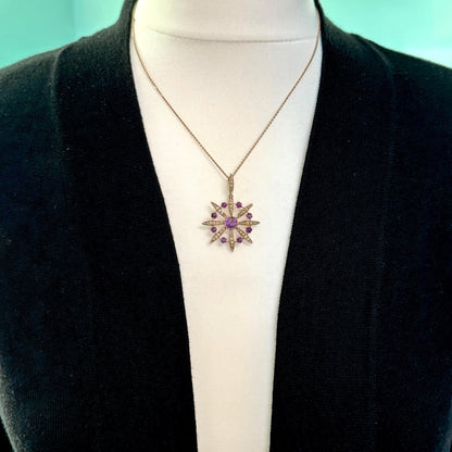 Antique Edwardian 9ct gold Amethyst and seed pearl pendant c1900's