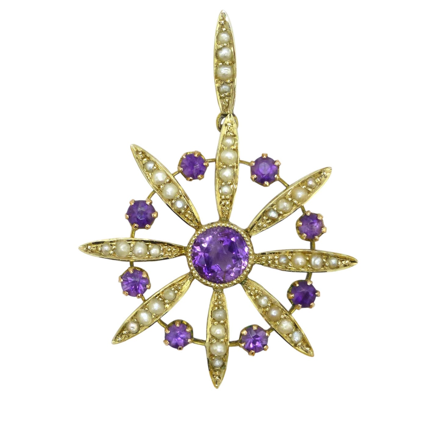 Antique Edwardian 9ct gold Amethyst and seed pearl pendant c1900's