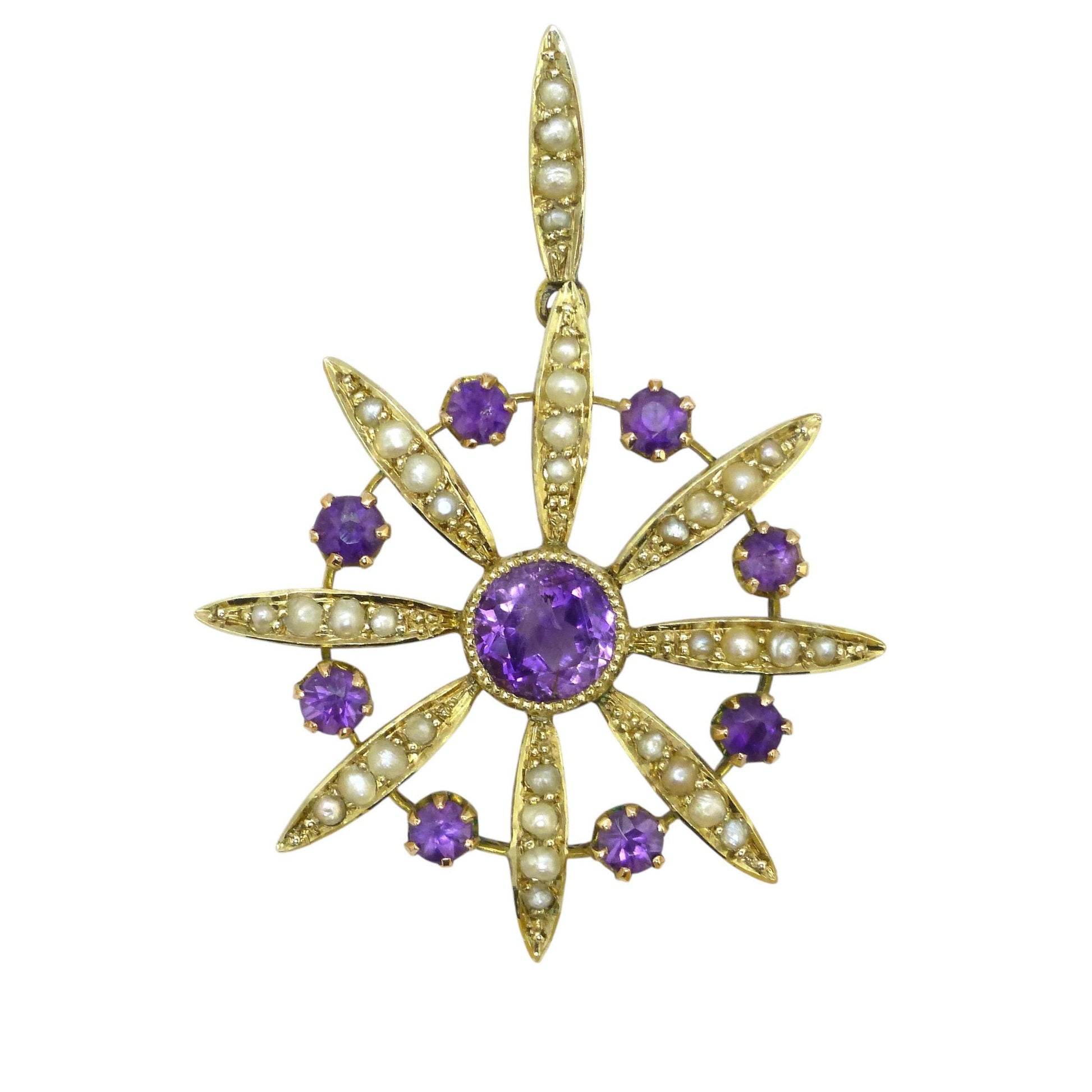 Antique Edwardian 9ct gold Amethyst and seed pearl pendant c1900's