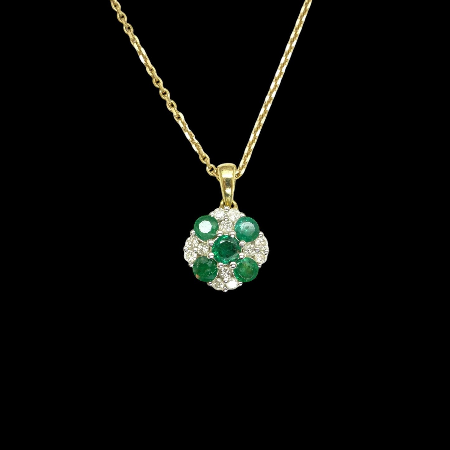 Vintage 9ct emerald and diamond cluster pendant & gold chain