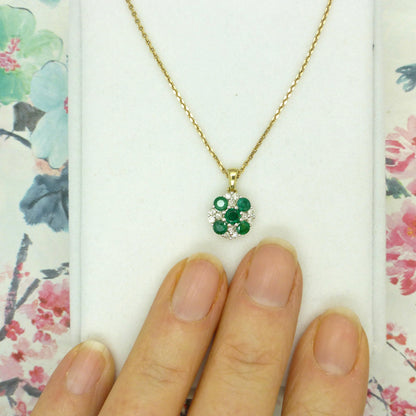 Vintage 9ct emerald and diamond cluster pendant & gold chain