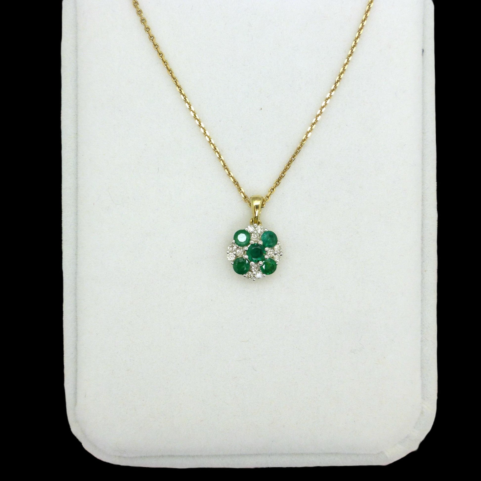 Vintage 9ct emerald and diamond cluster pendant & gold chain