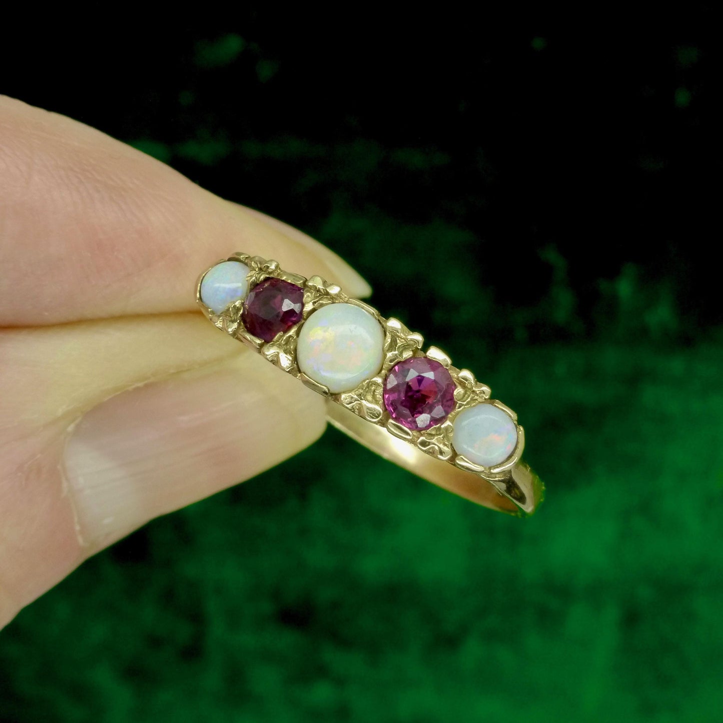 Vintage 9ct Opal and Ruby Victorian style five stone carved ring