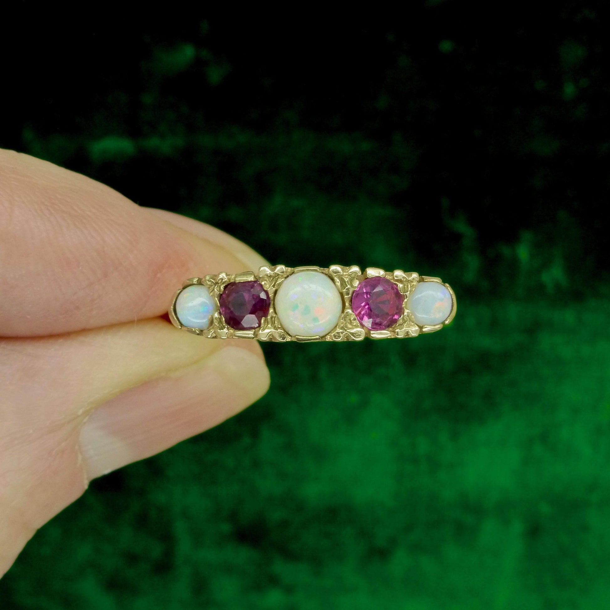 Vintage 9ct Opal and Ruby Victorian style five stone carved ring