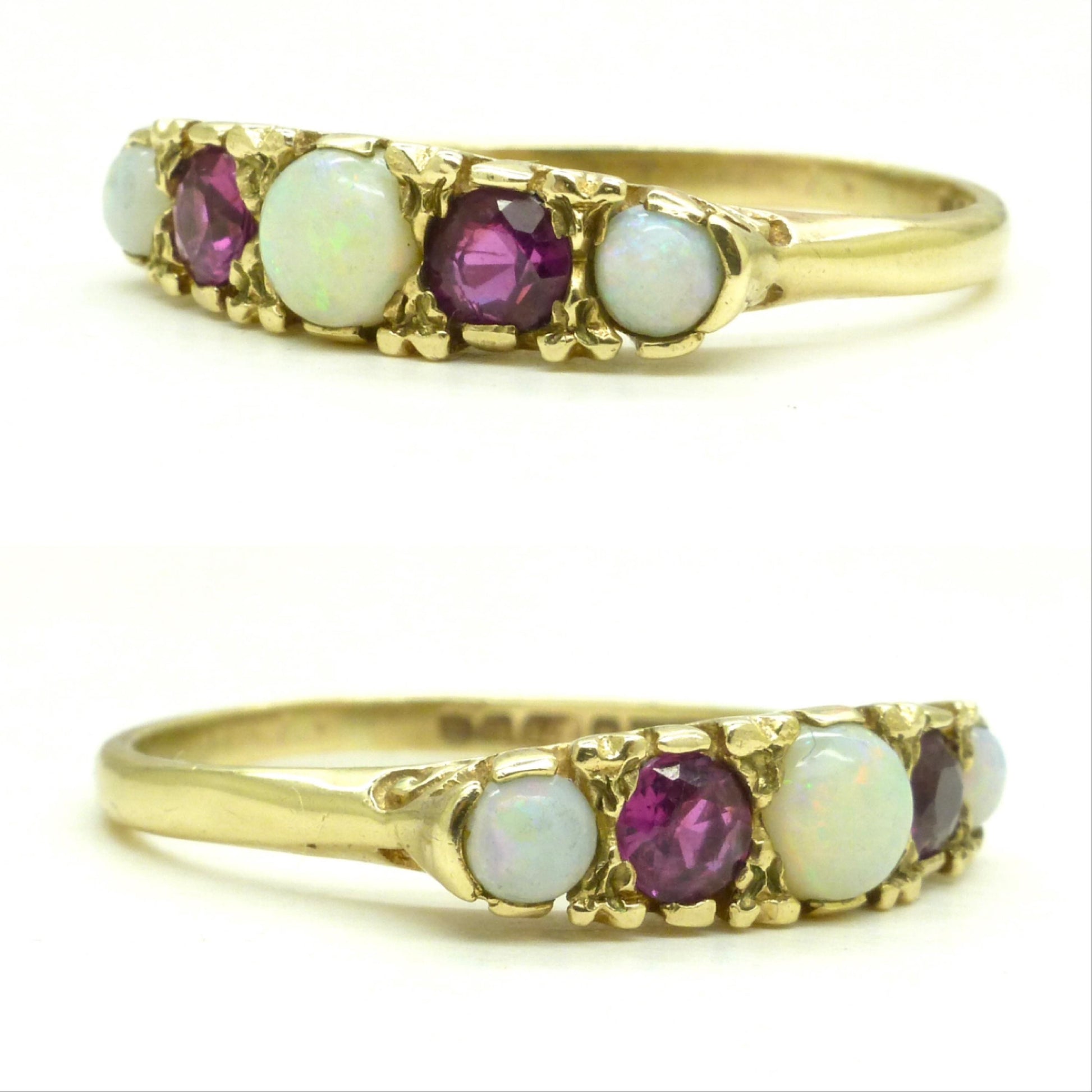 Vintage 9ct Opal and Ruby Victorian style five stone carved ring