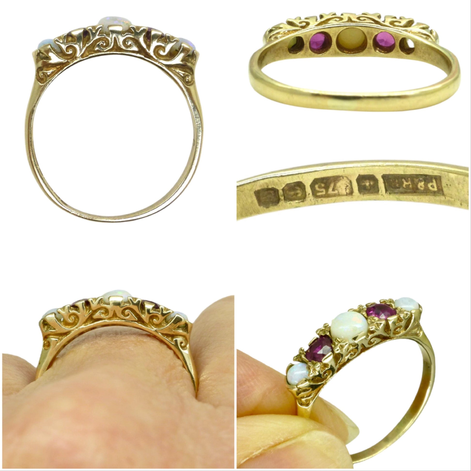 Vintage 9ct Opal and Ruby Victorian style five stone carved ring