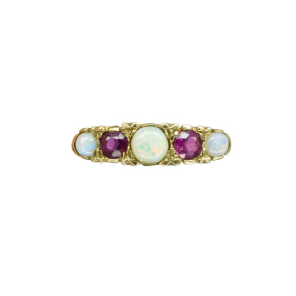 Vintage 9ct Opal and Ruby Victorian style five stone carved ring