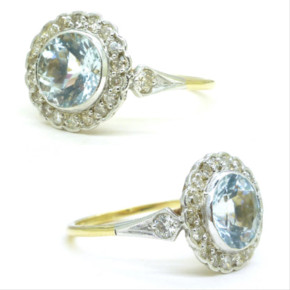 Vintage 18ct gold Aquamarine 1.80ct & Diamond cluster halo ring