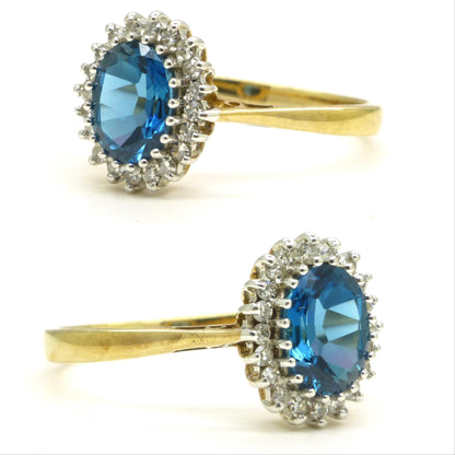 Vintage 9ct blue topaz & diamond oval cluster ring