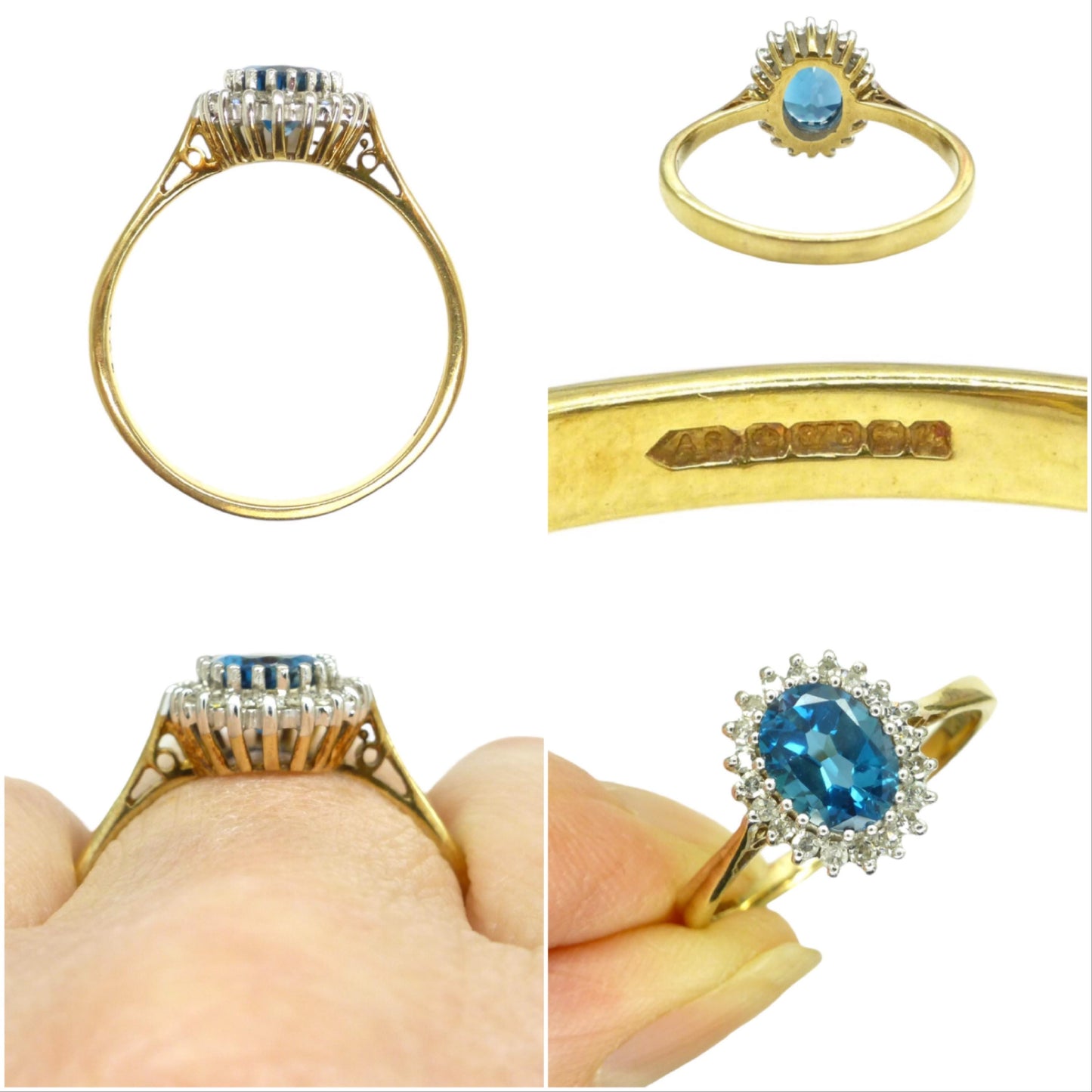 Vintage 9ct blue topaz & diamond oval cluster ring