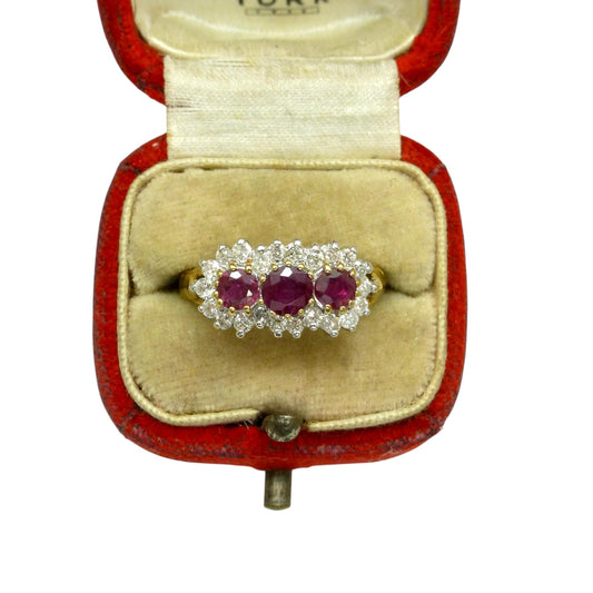 Vintage 9ct ruby & diamond trilogy cluster ring ~ engagement ~ anniversary