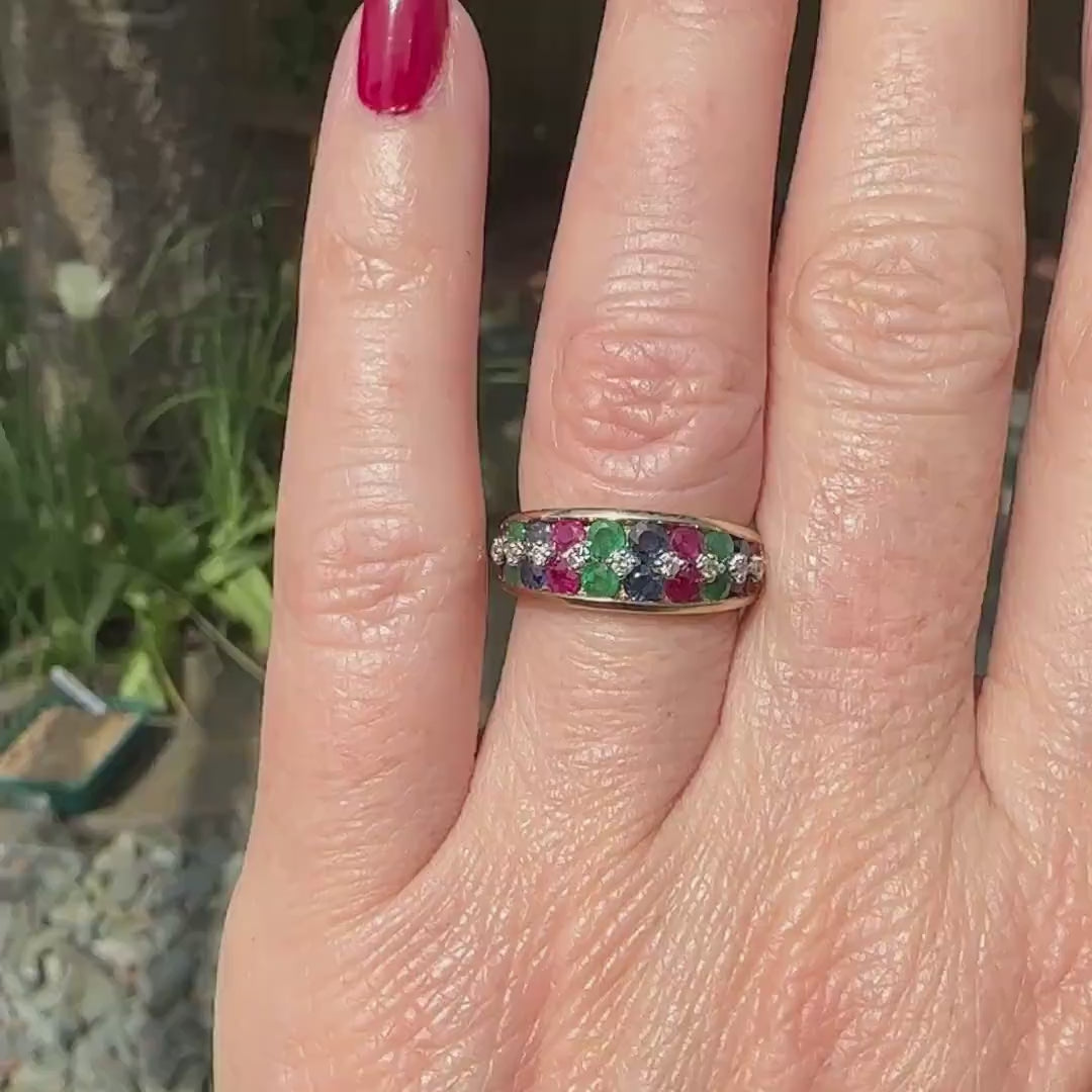 Vintage 9ct gold multi gemstone half eternity band ~ Ruby, Sapphire, Emerald, diamond ~ Anniversary ring