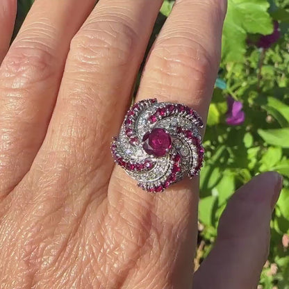 Stunning Vintage 18ct white gold ruby & diamond Bombé cluster ring ~ Statement ring ~ independent valuation