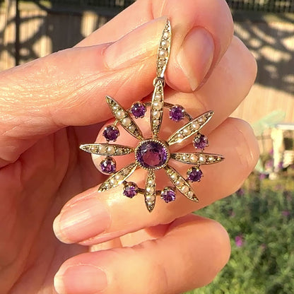 RESERVED-Payment 1/2-Antique Edwardian 9ct gold Amethyst and seed pearl pendant c1900's