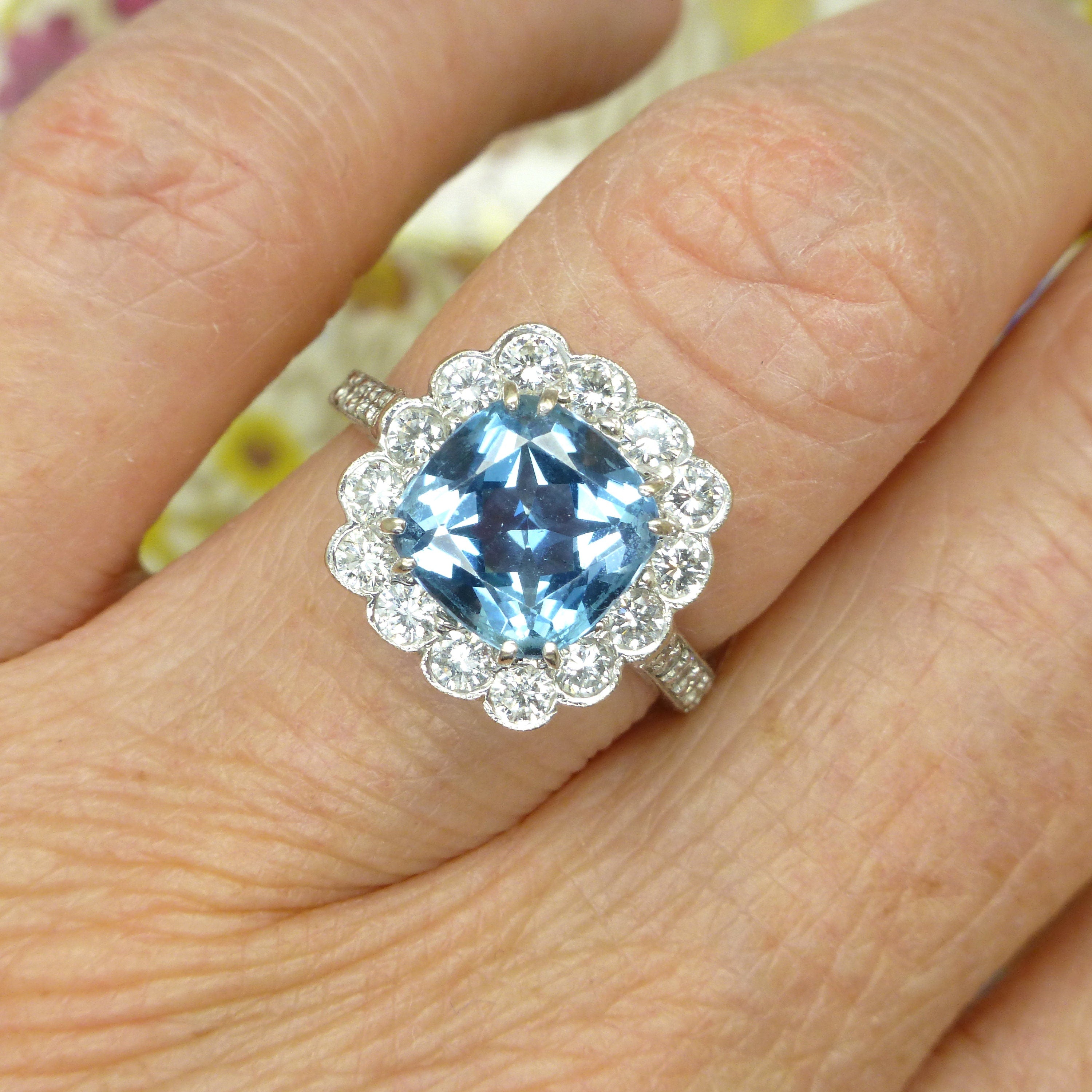 Vintage 18ct white gold cushion cut Aquamarine & Diamond halo cluster ring  ~ Independent appraisal