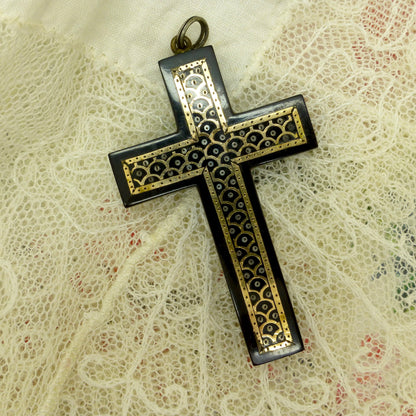 Antique Victorian 9ct gold & silver inlaid Piqué cross pendant