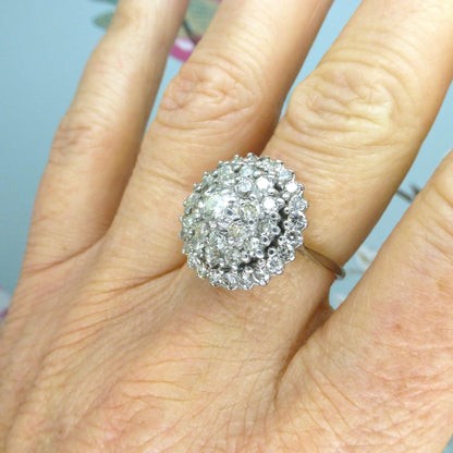 Vintage 18ct white gold Diamond cluster engagement ring 1.95ct 1960's ~ Tiered wedding cake halo ring