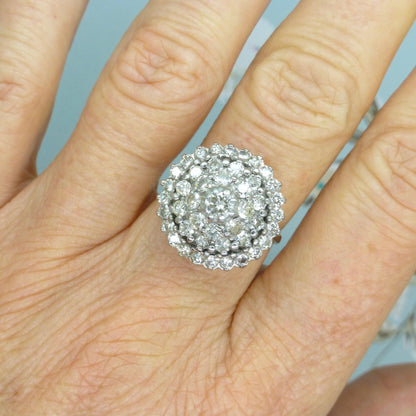 Vintage 18ct white gold Diamond cluster engagement ring 1.95ct 1960's ~ Tiered wedding cake halo ring