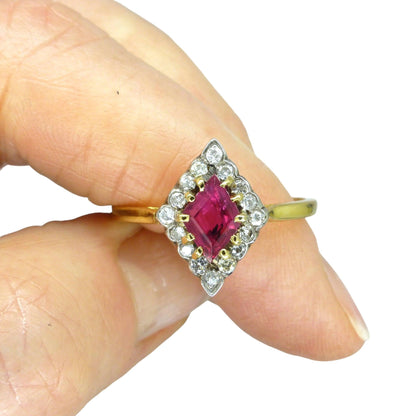 Vintage Art Deco 18ct verneuil ruby & diamond losenge shape cluster ring