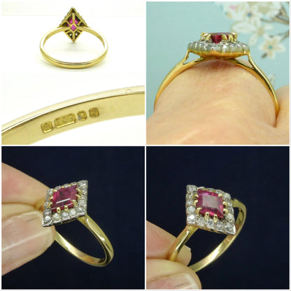 Vintage Art Deco 18ct verneuil ruby & diamond losenge shape cluster ring