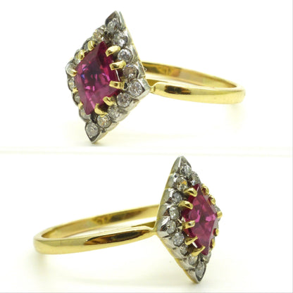 Vintage Art Deco 18ct verneuil ruby & diamond losenge shape cluster ring