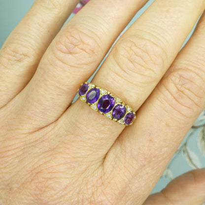 Vintage 18ct gold amethyst diamond five stone ring Chester hallmark 1959 ~ Victorian style