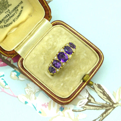 Vintage 18ct gold amethyst diamond five stone ring Chester hallmark 1959 ~ Victorian style