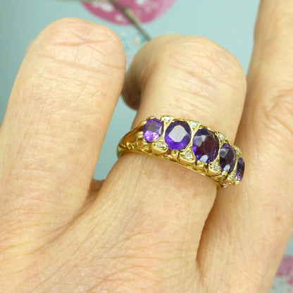 Vintage 18ct gold amethyst diamond five stone ring Chester hallmark 1959 ~ Victorian style