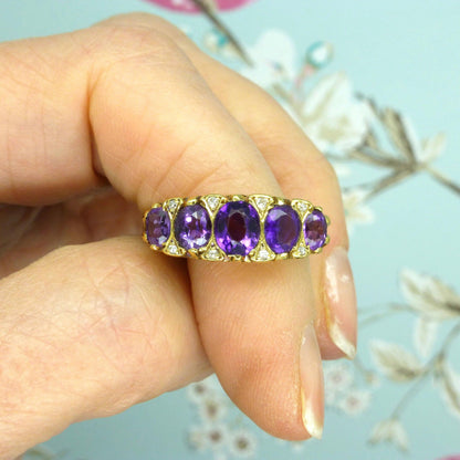 Vintage 18ct gold amethyst diamond five stone ring Chester hallmark 1959 ~ Victorian style